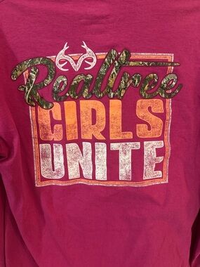 Realtree Girls Unite Long Sleeve Tee in Hot Pink with Orange and White Graphic
